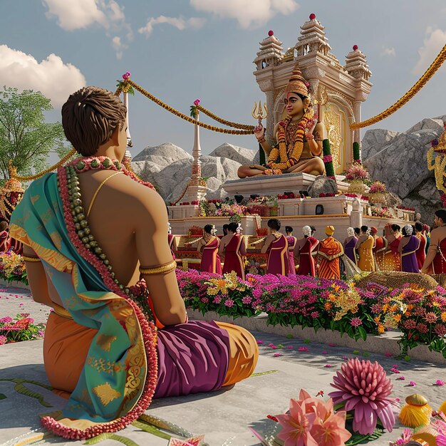 Photo a woman sits in front of a temple with a statue of deity in the background