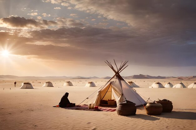 Foto una donna siede davanti a una tenda nel deserto.