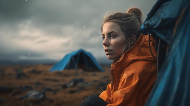 A woman sits in front of a tent in a field with a blue tent in the background