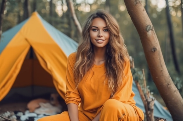 A woman sits in front of a tent in a forest