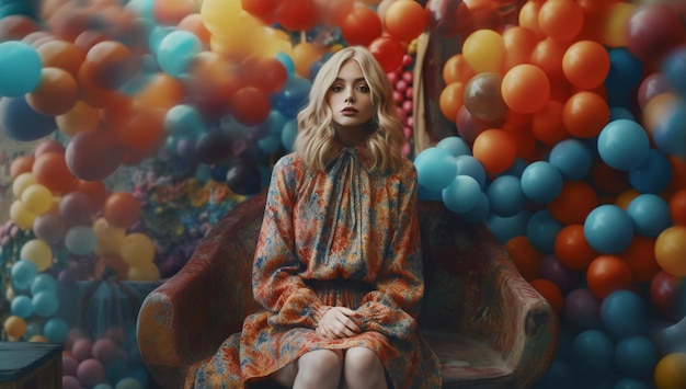 A woman sits in front of a wall of balloons