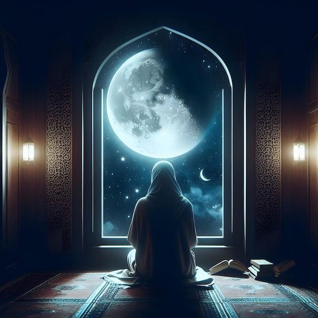 a woman sits in front of a window with a full moon in the background