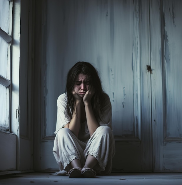 a woman sits in front of a window with her hands on her face.