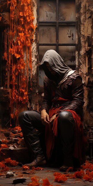 a woman sits in front of a window with a red and black scarf.