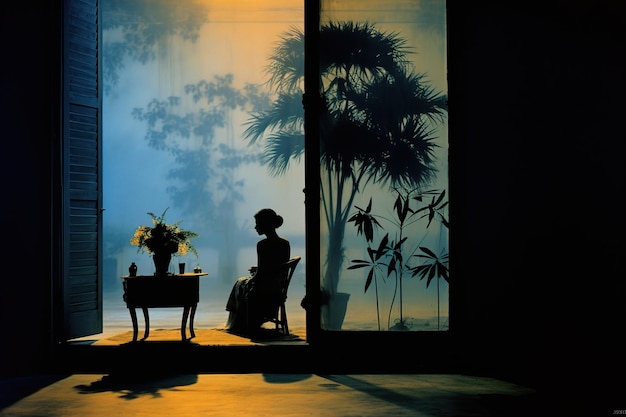 a woman sits in front of a window with a vase of flowers and a vase with flowers.