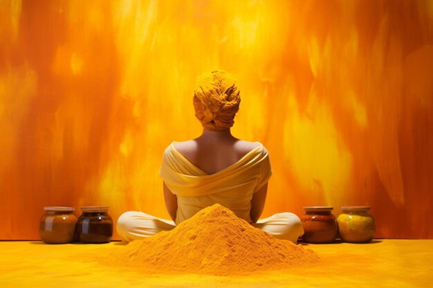 A woman sits in front of a yellow wall with a yellow background