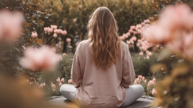 A woman sits in a garden doing yoga poses and meditating tranquil