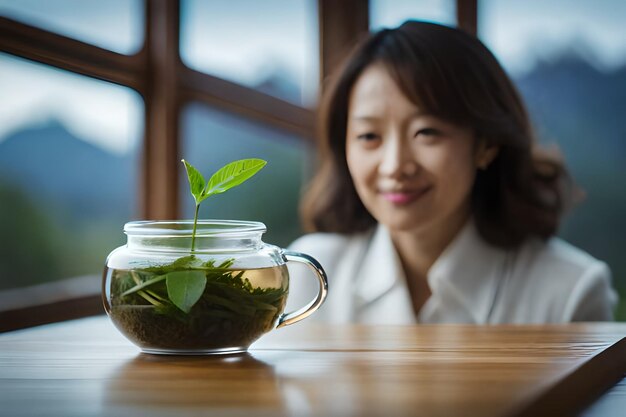 A woman sits behind a glass jar with a plant in it