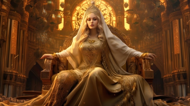 A woman sits in a golden throne.