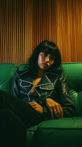 A woman sits on a green couch with a green leather jacket.