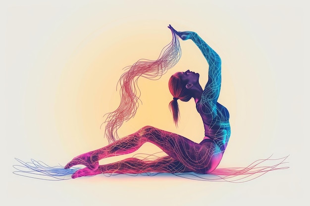 Foto una donna si siede a terra praticando una postura di yoga con concentrazione focalizzata e equilibrio illustrazione stilizzata di un corpo umano in una postura avanzata di yoga generata da ai