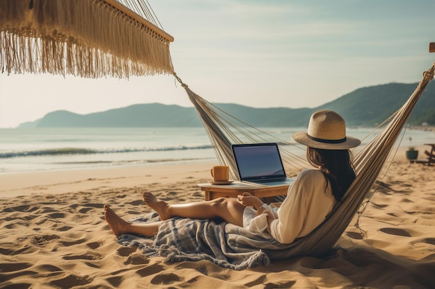 a woman sits in a hammock with a laptop on the beach