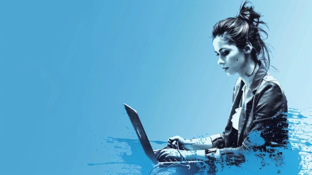 a woman sits at her desk in a home office environment facing a computer screen with a window showing nighttime scenery in the background