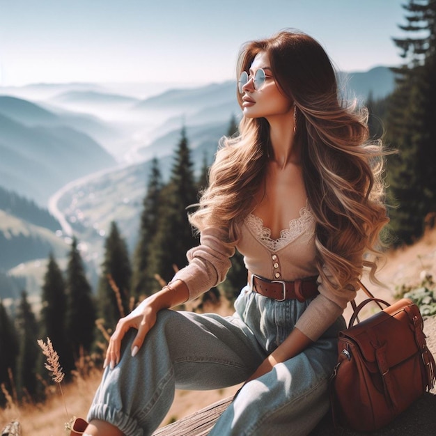 a woman sits on a hill with a bag and sunglasses