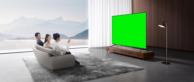 A woman sits in a living room with a green screen behind her.