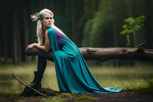 A woman sits on a log in a forest with a blue dress and a flower in her hair.