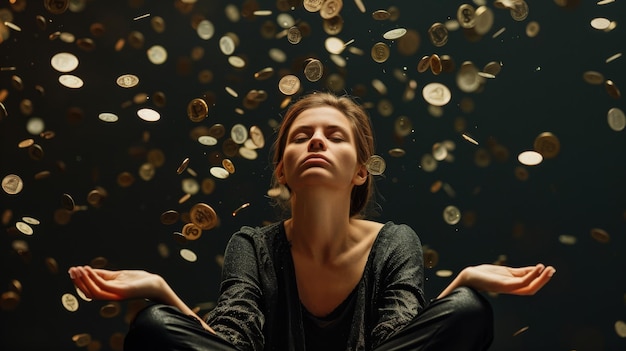 Photo a woman sits in lotus position during coins raining on her