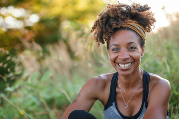 A woman sits in a lush field her face beaming with joy as she poses for the camera radiating confidence and serenity