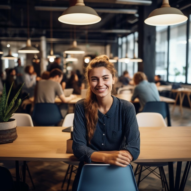 A woman sits in a meeting room with a table in the background.