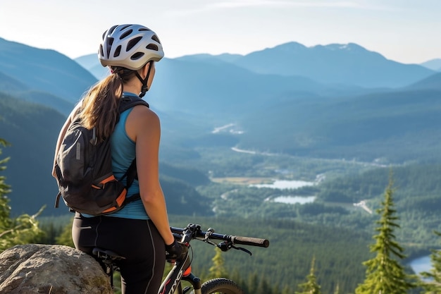 A woman sits on a mountain bike looking at a valley