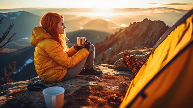 a woman sits on a mountain with a cup of coffee and a tent in the background