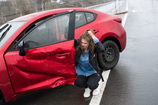 事故後、壊れた車の近くに座っている女性が自動車保険の助けを求めた