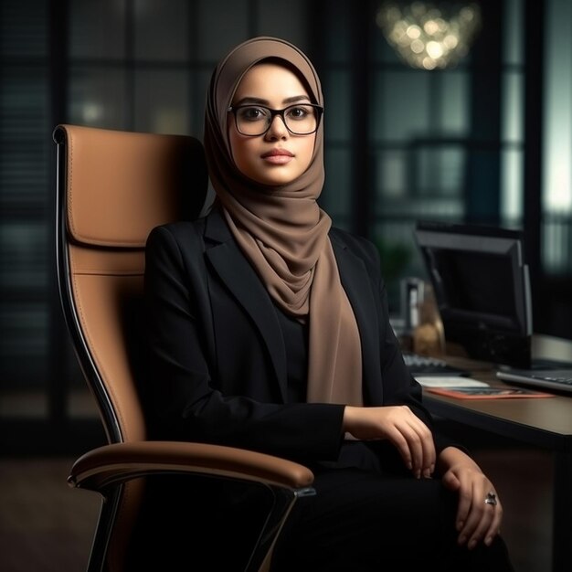 Photo a woman sits in an office chair with a laptop in front of her