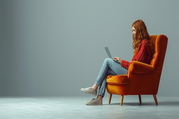 a woman sits in an orange chair with a laptop on her lap