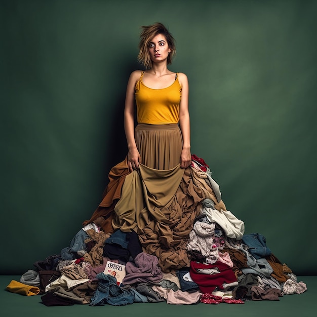 A woman sits on a pile of clothes with a green background.