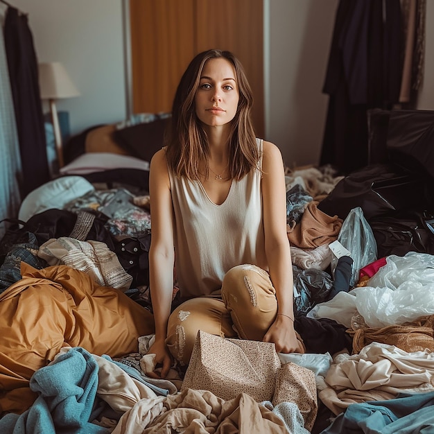 Photo a woman sits on a pile of clothes with a lamp behind her.