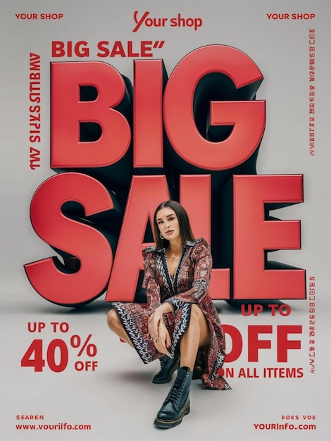 a woman sits on a poster that says big sale