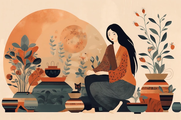 女性が猫を肩に乗せて鍋に座っています。