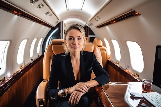 A woman sits in a private jet with the name of the company on the side.