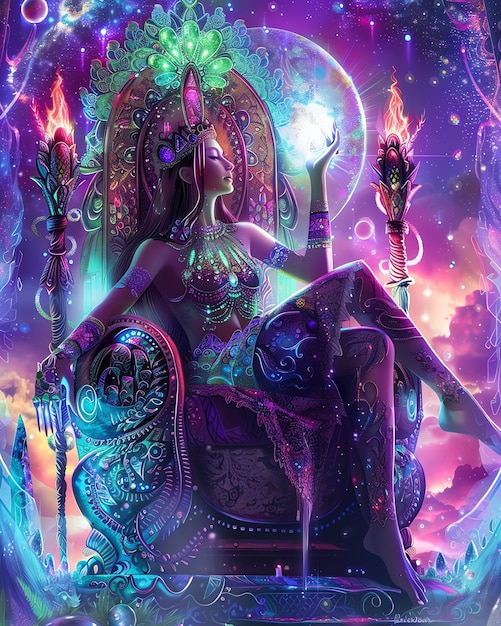a woman sits in a purple and purple poster that says  god