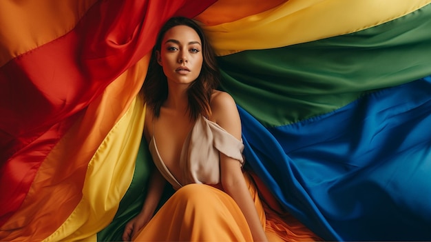 A woman sits on a rainbow flag