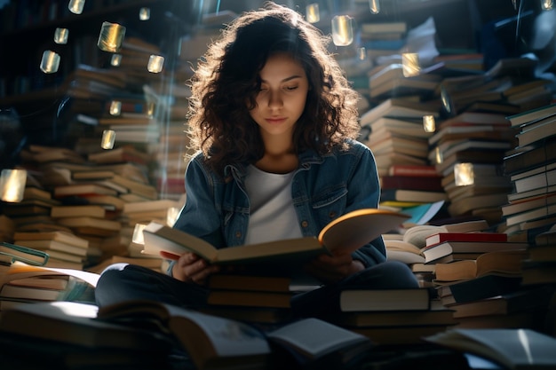 A woman sits and reads a book in a library filled with stacks of books