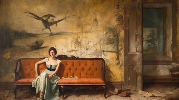 A woman sits on a red couch in front of a painting of birds.