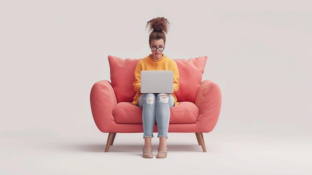 a woman sits on a red couch with a laptop and has a laptop on her lap