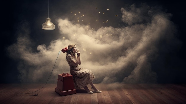 A woman sits on a red telephone in a dark room with smoke coming out of her face.