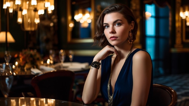 A woman sits in a restaurant with a gold chandelier behind her.