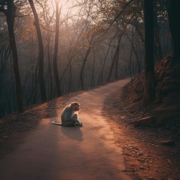 A woman sits on a road in the woods with the sun shining through her eyes.