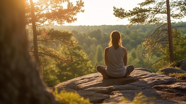 A woman sits on a rock in front of a forest.