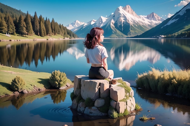 A woman sits on a rock in front of a lake with snowy mountains in the background.