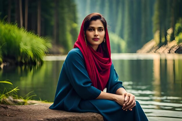 A woman sits on a rock in front of a lake.