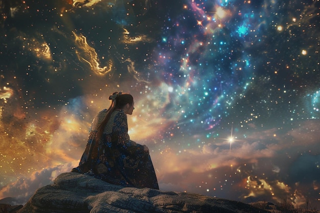 a woman sits on a rock in front of a starry sky