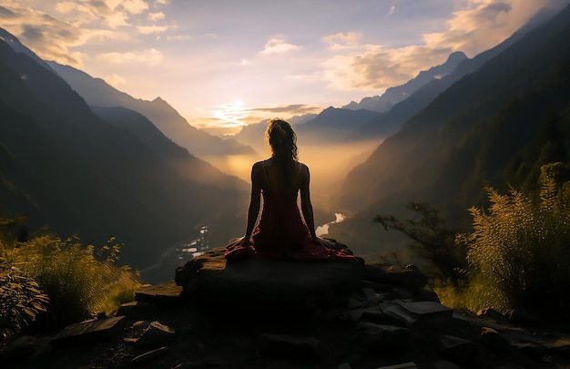 A woman sits on a rock in front of a sunset.