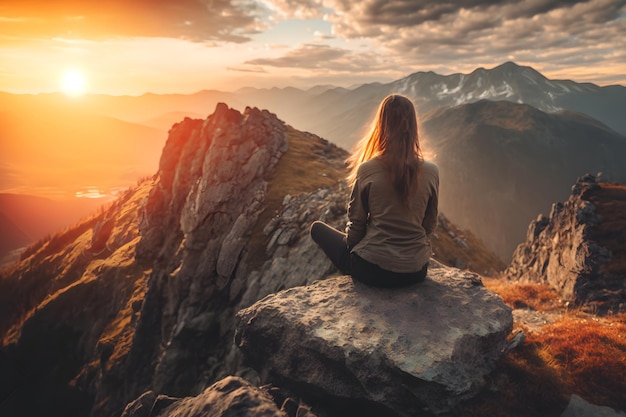 A woman sits on a rock in front of a sunset.