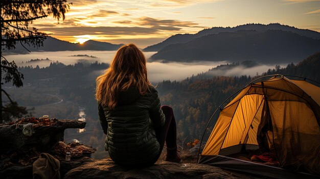 Photo a woman sits on a rock in front of a tent and a fire in the background