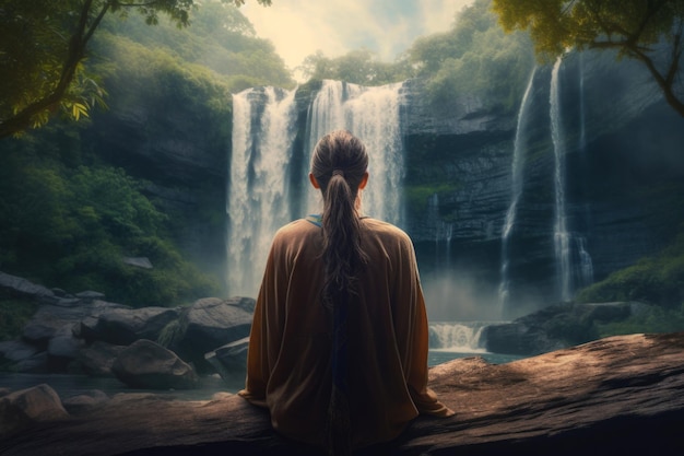 A woman sits on a rock in front of a waterfall.