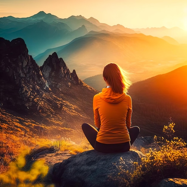 A woman sits on a rock looking at the sun